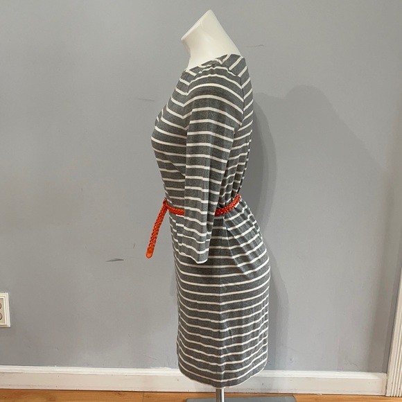 LC Lauren Conrad • 3/4 Sleeve Striped Dress Gray White Belted - Picture 4 of 9
